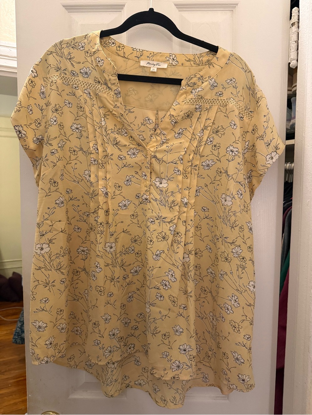 Monday Fun Soft Yellow Floral Pintuck Split-Neck Blouse
